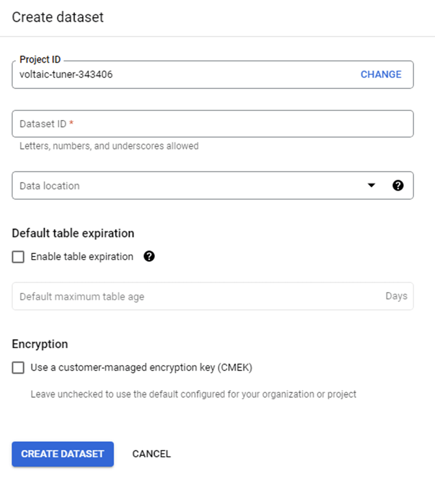 bigquery google ads - create dataset details